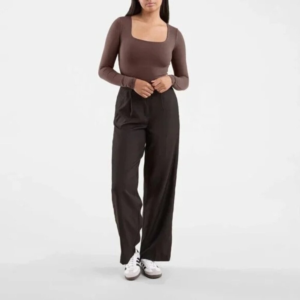 Nuuds Coffee Long Sleeve Square Neck Thong Style Bodysuit - Picture 1 of 10